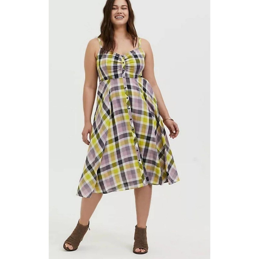 Torrid Multi Plaid Challis Button Front Midi Dress Women's Size 3x